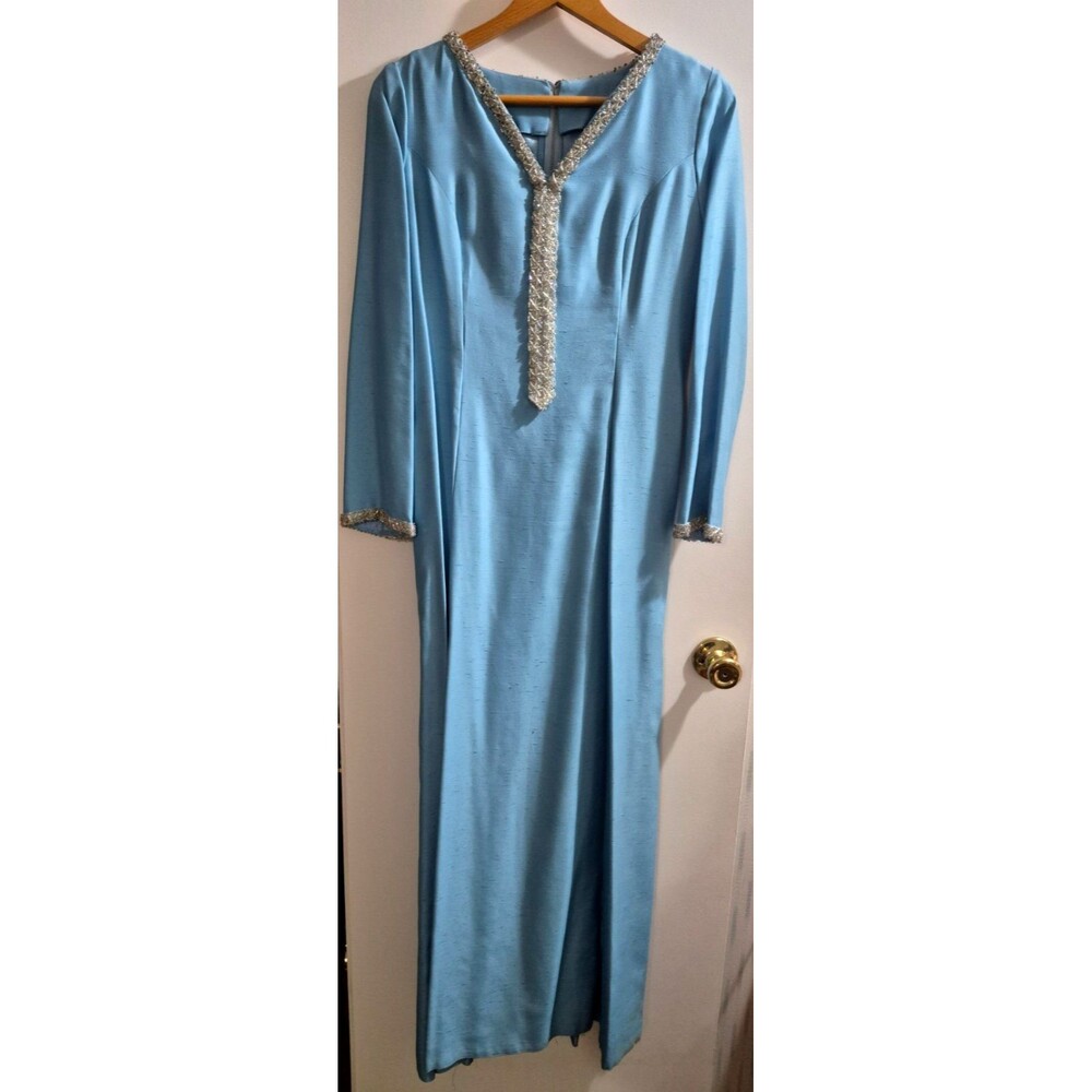 VTG Victorian Blue Beaded Maxi Gown Dress